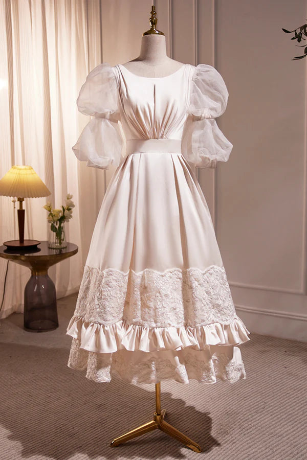 Wholesale Retro Scoop Neck Lace Tea-length Prom Dress A-Line Puffy Short Sleeve Party Dress